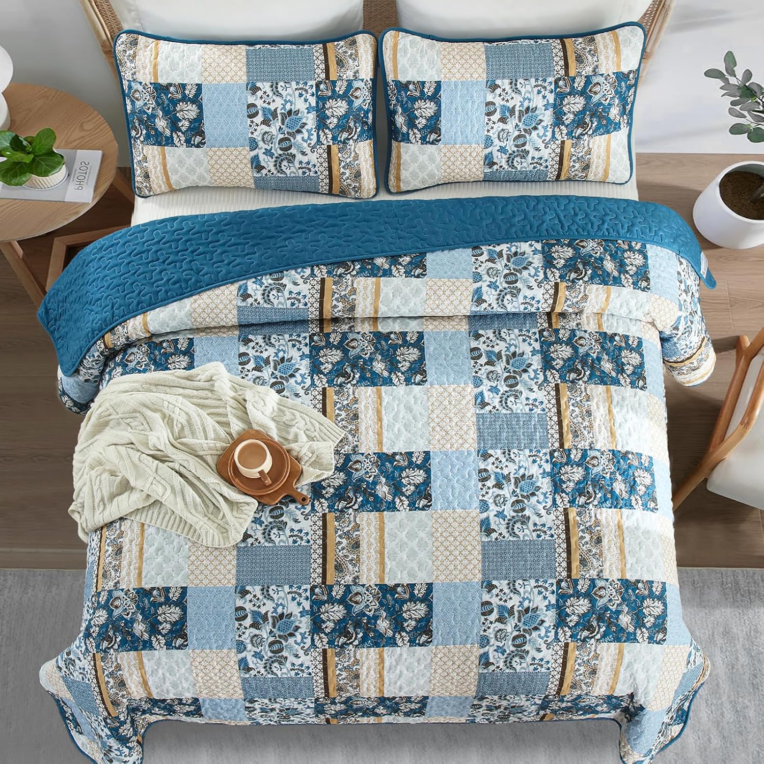 WONGS BEDDING Blue Plaid Patchwork Quilt Set Queen 3 Pieces