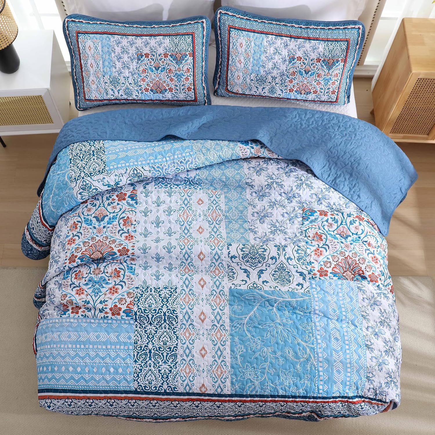 Wongs Bedding Blue Quilt Set Queen Size Bohemian