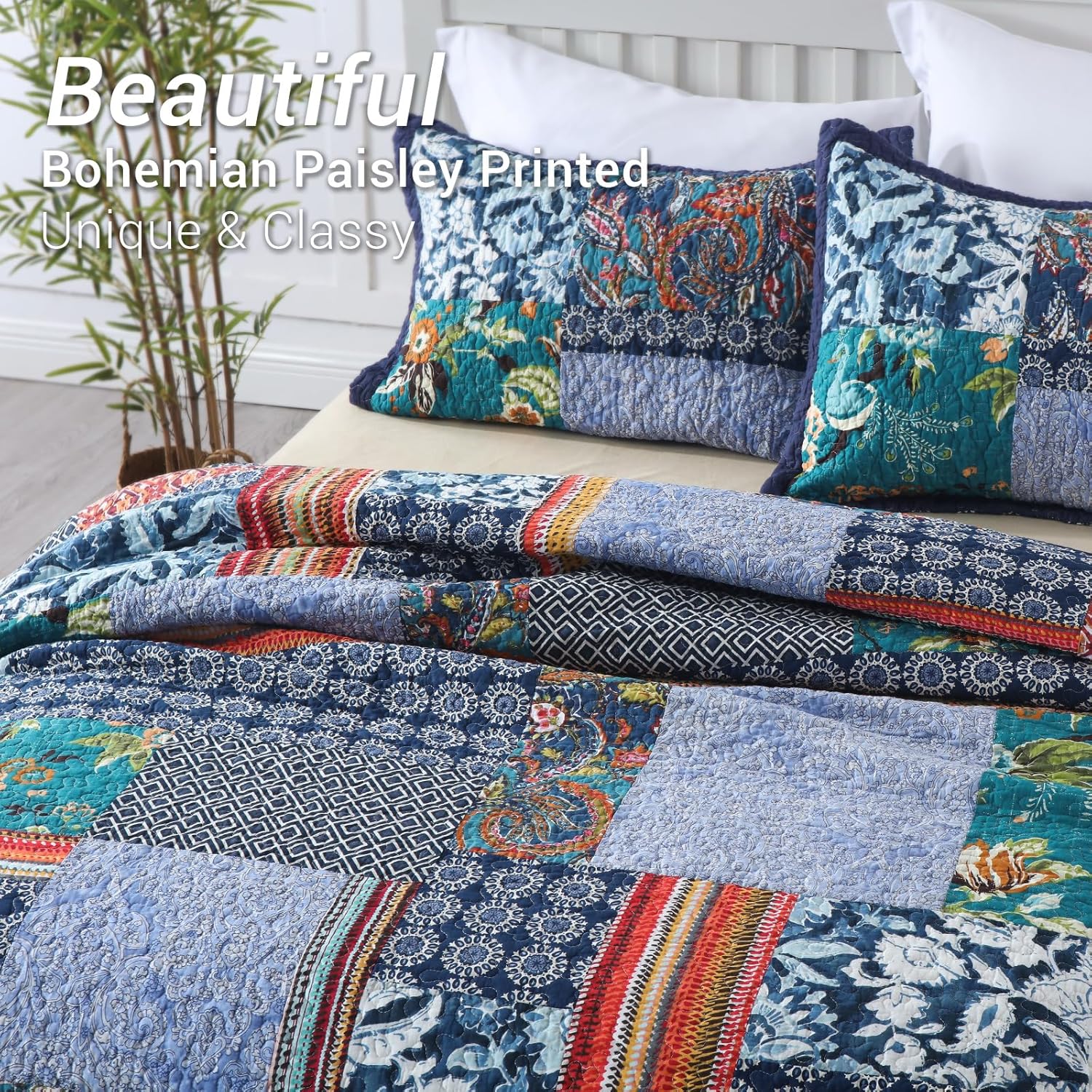 Yvooxny Reversible Cotton Quilt Set Queen Size 3-Piece