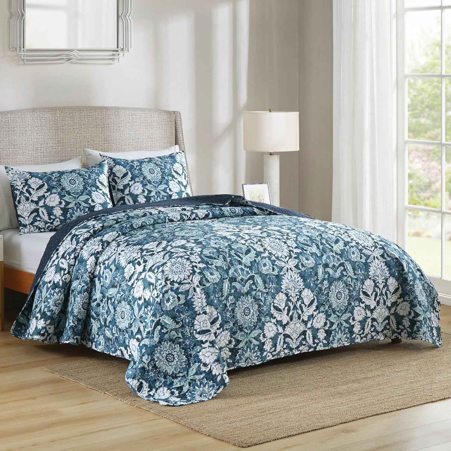 Boryard King Quilt Set Navy Blue Paisley Sunflower Print