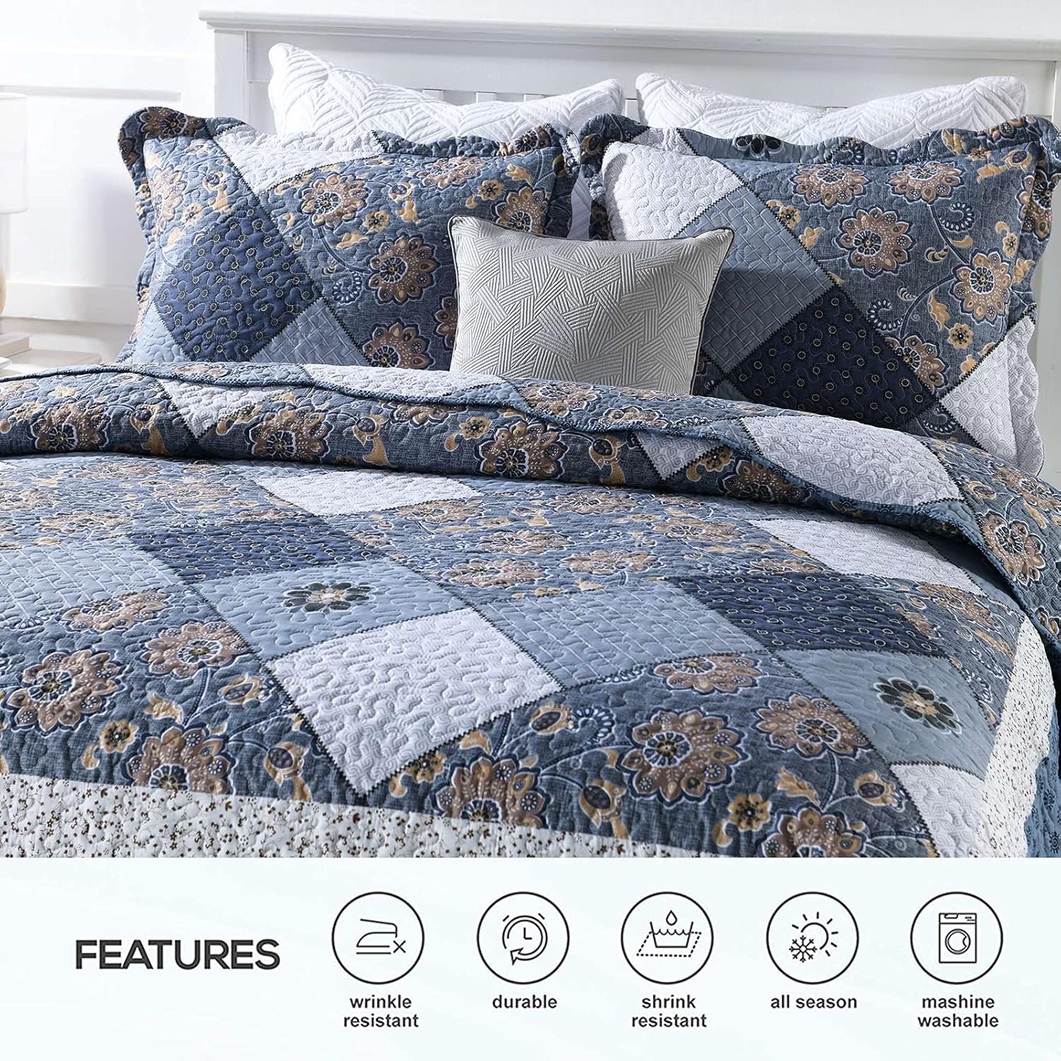 ENJOHOS Navy Blue Plaid Floral Quilt Set King Size 98x106