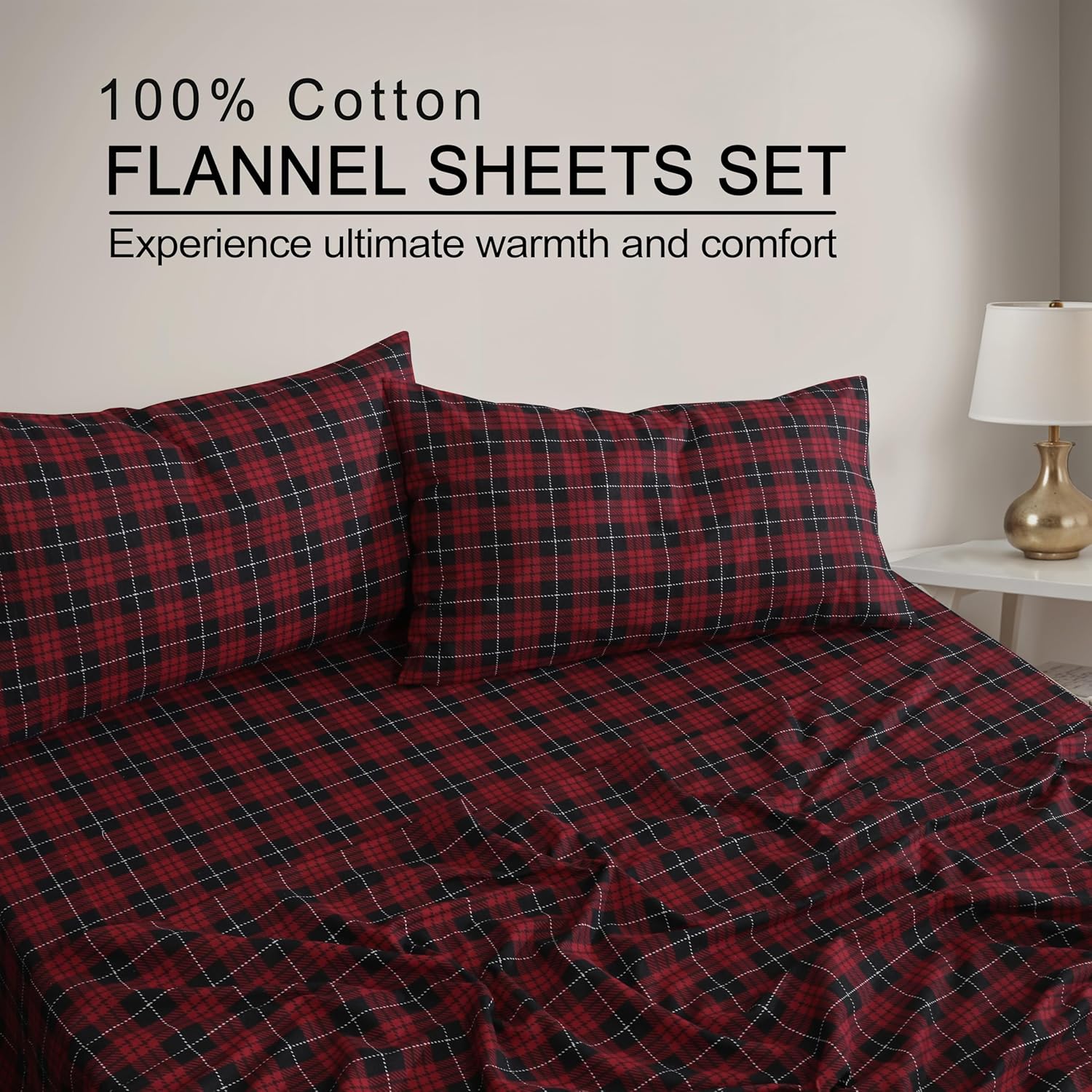 ZOYER Double Brushed Flannel Cal King Sheet Set - 4 Piece Red Buffalo Check