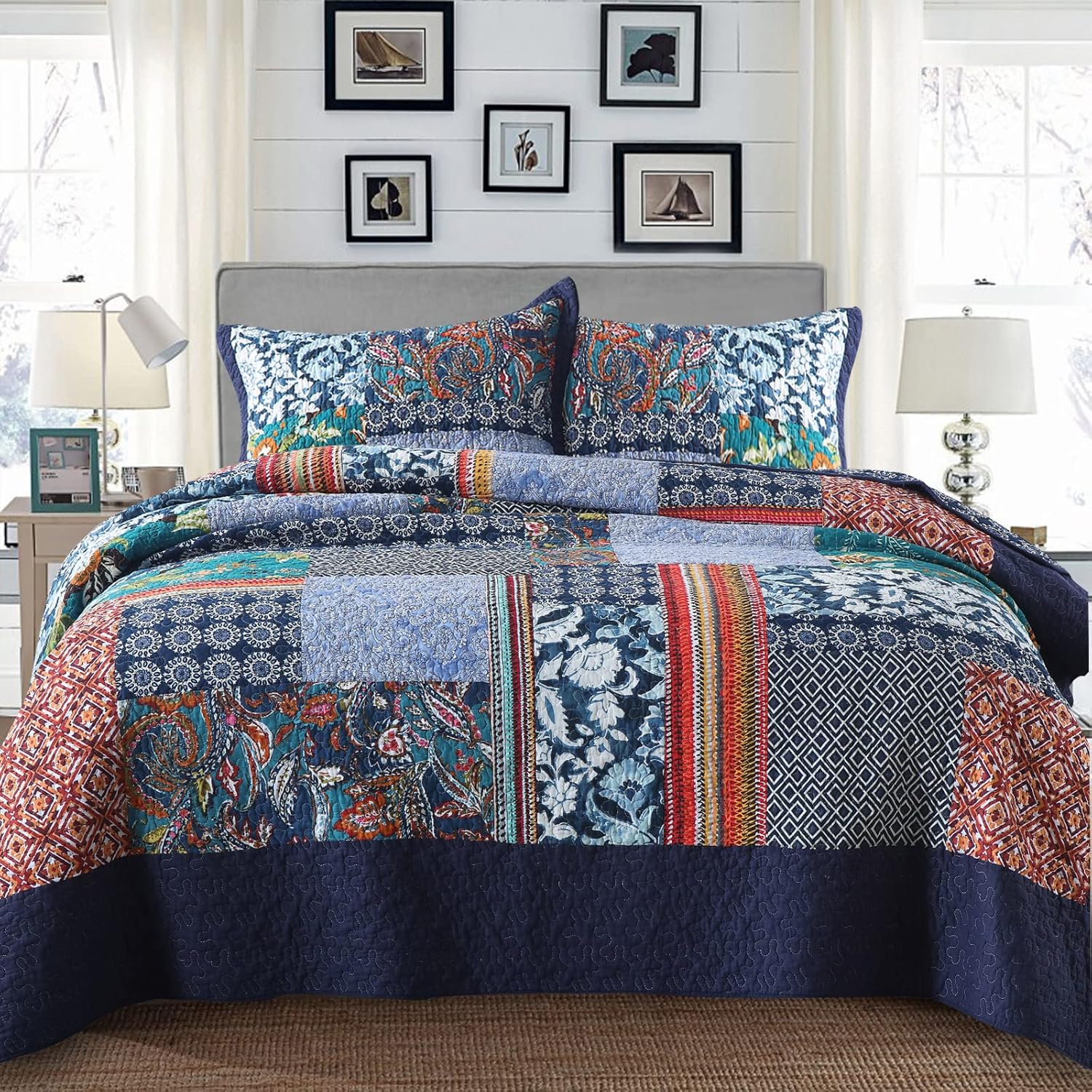 Yvooxny Reversible Cotton Quilt Set Queen Size 3-Piece