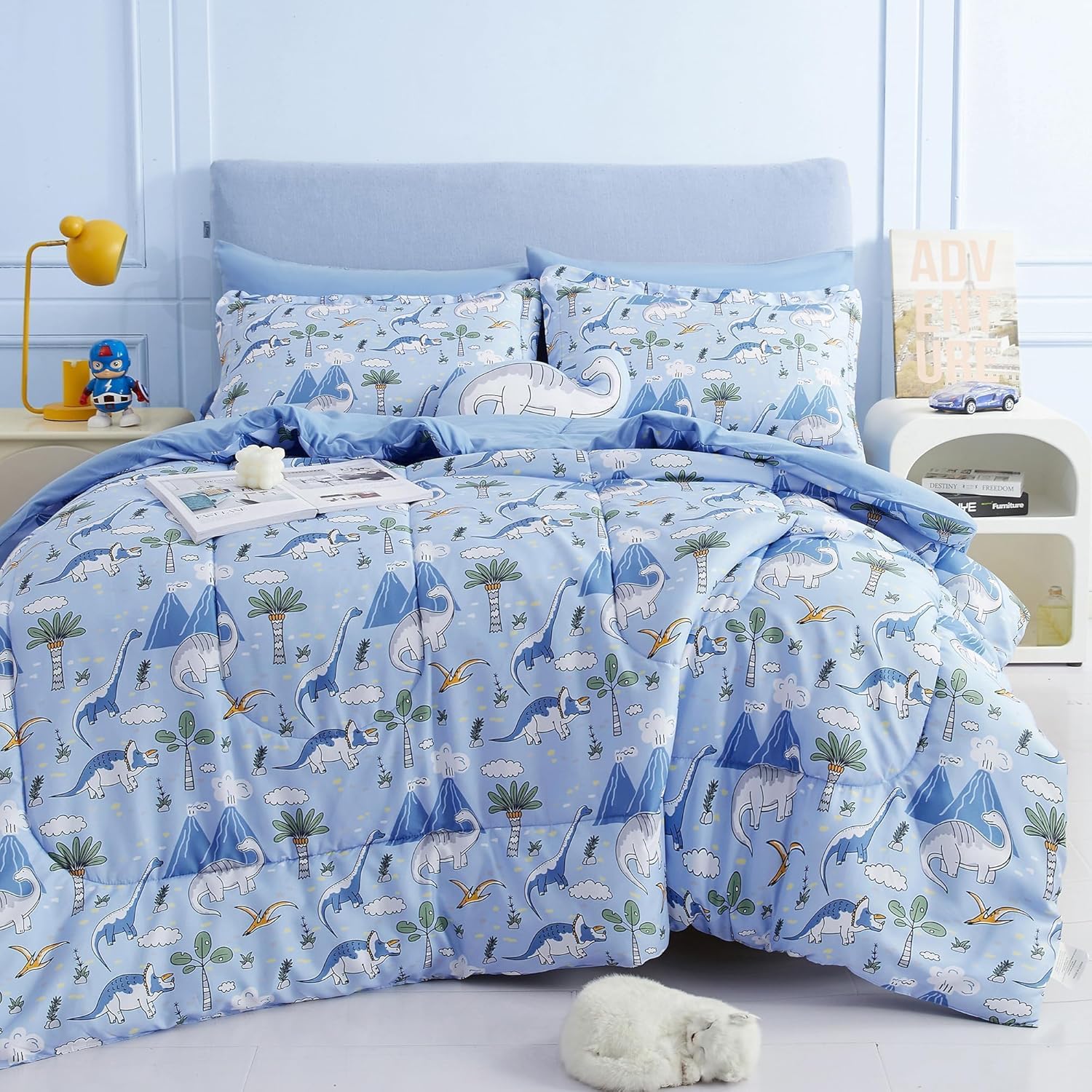 Mooreeke Kids Twin Comforter Set Dinosaur Blue 6PCS