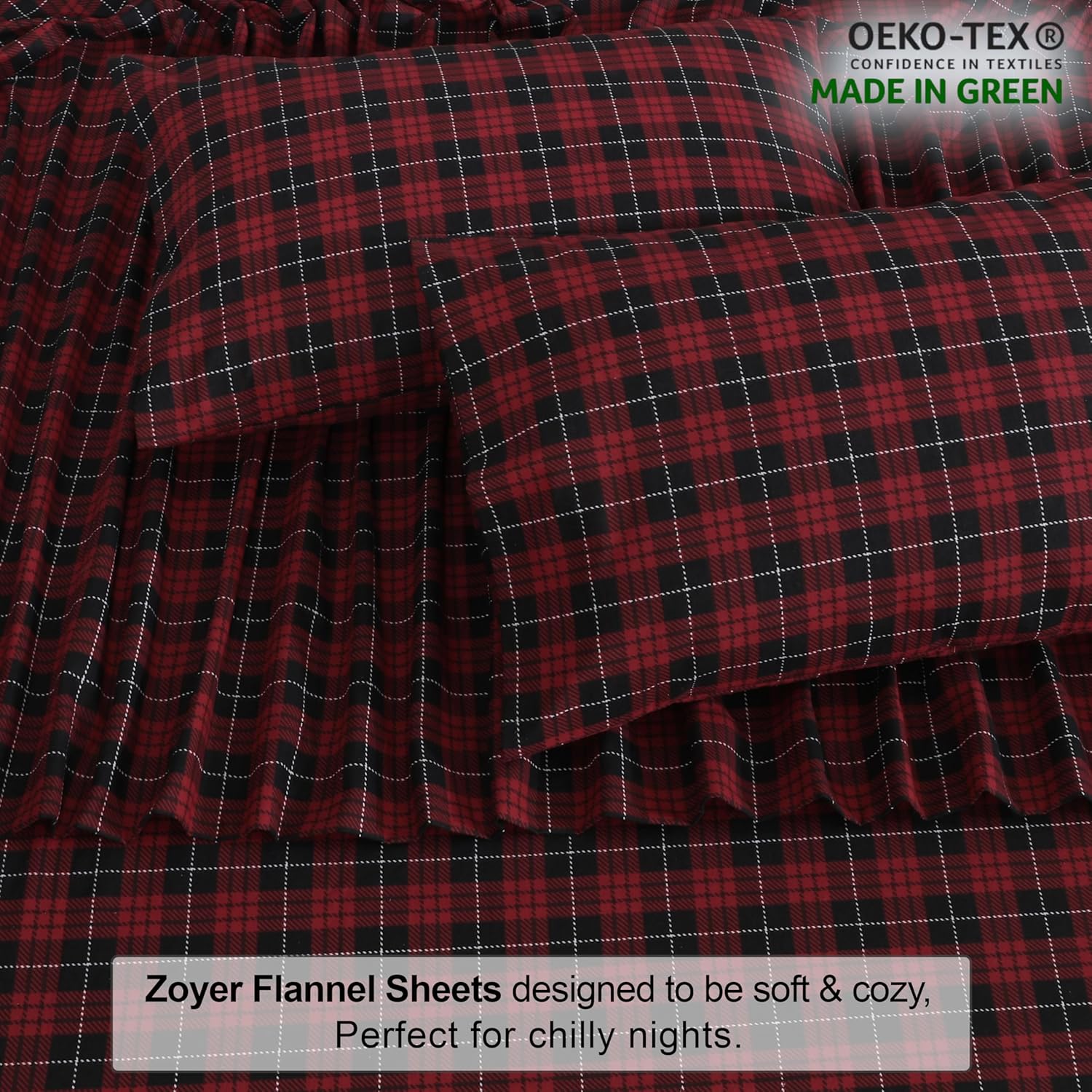 ZOYER Double Brushed Flannel Cal King Sheet Set - 4 Piece Red Buffalo Check