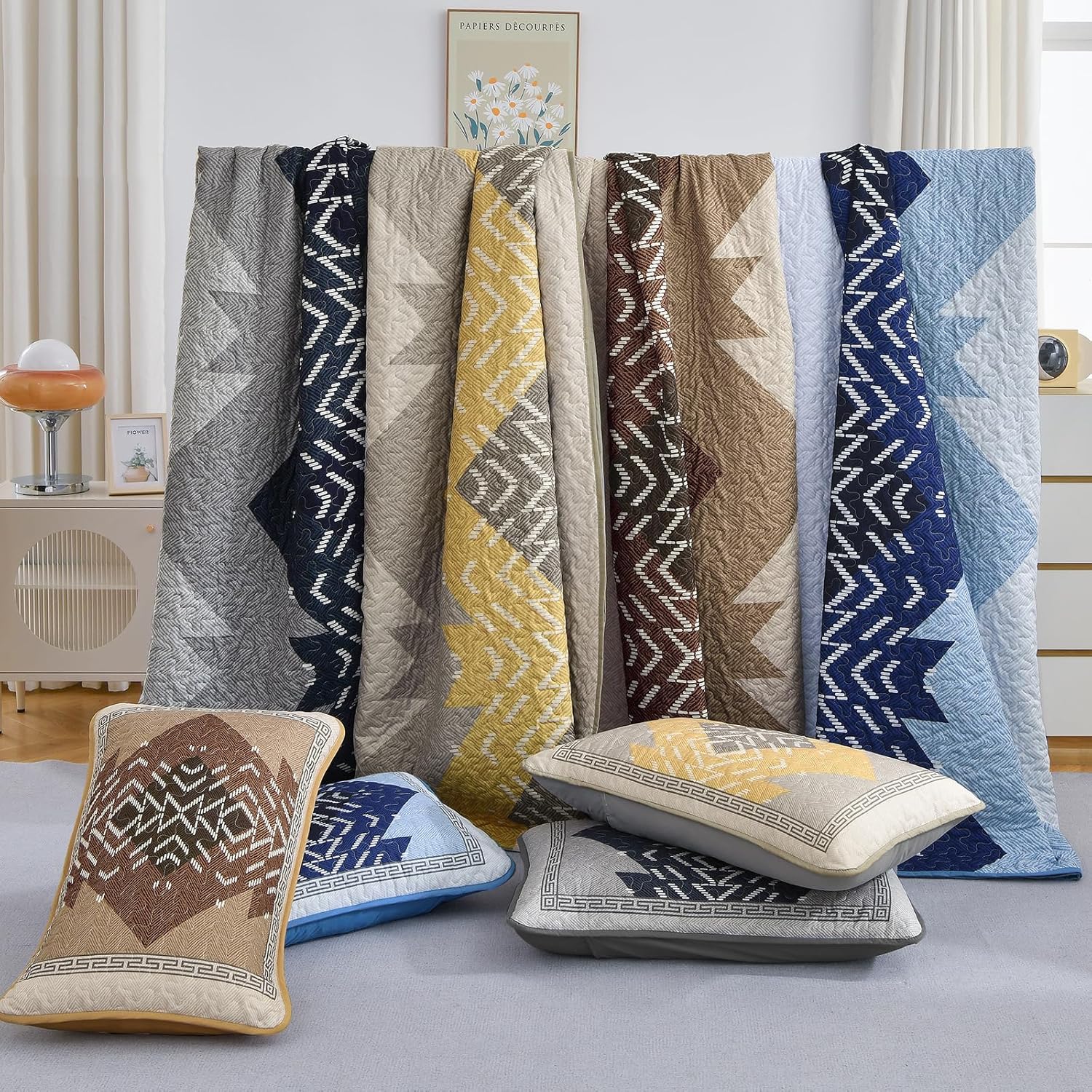 Dintszyayue Blue Boho Quilt Set Queen Size 3 Piece