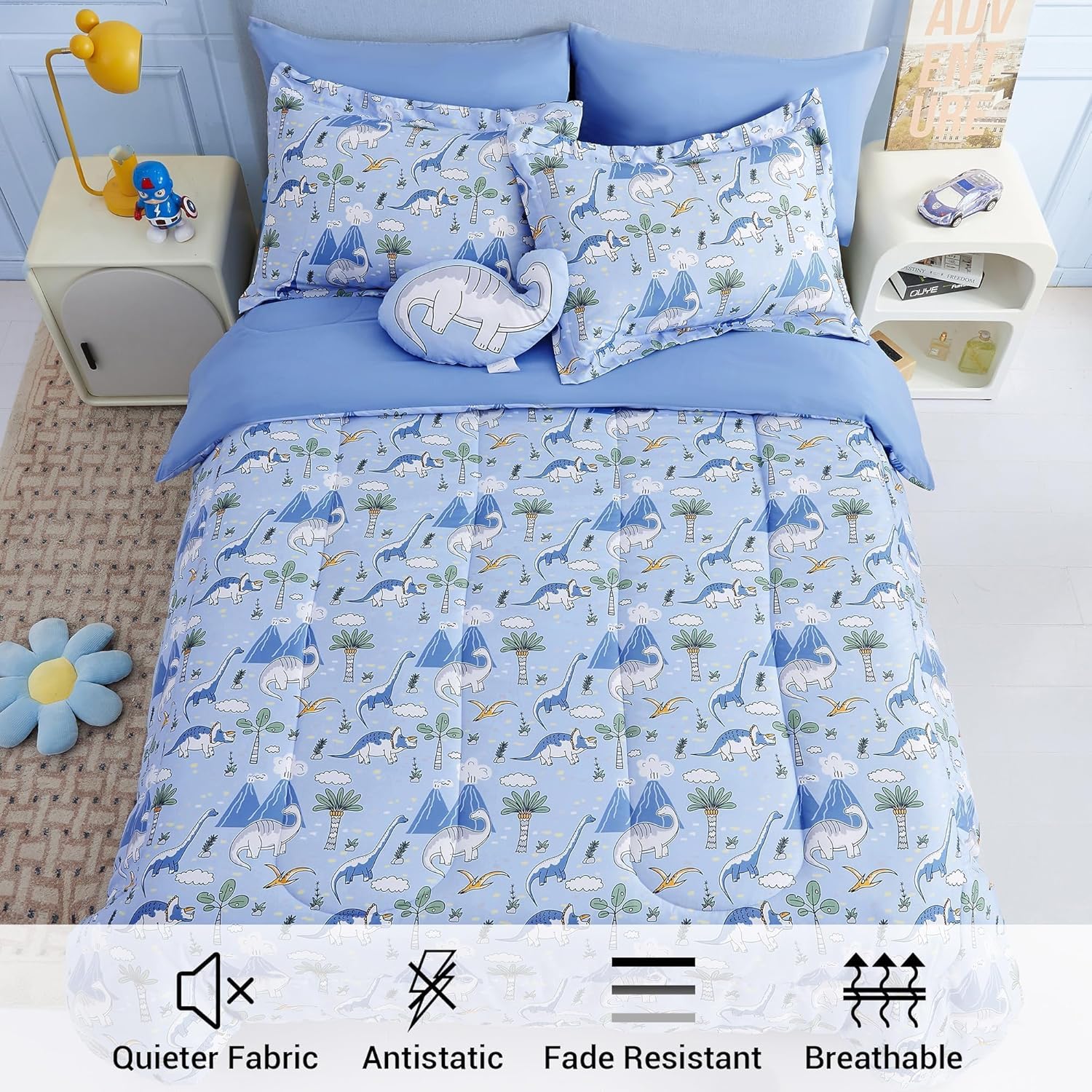 Mooreeke Kids Twin Comforter Set Dinosaur Blue 6PCS