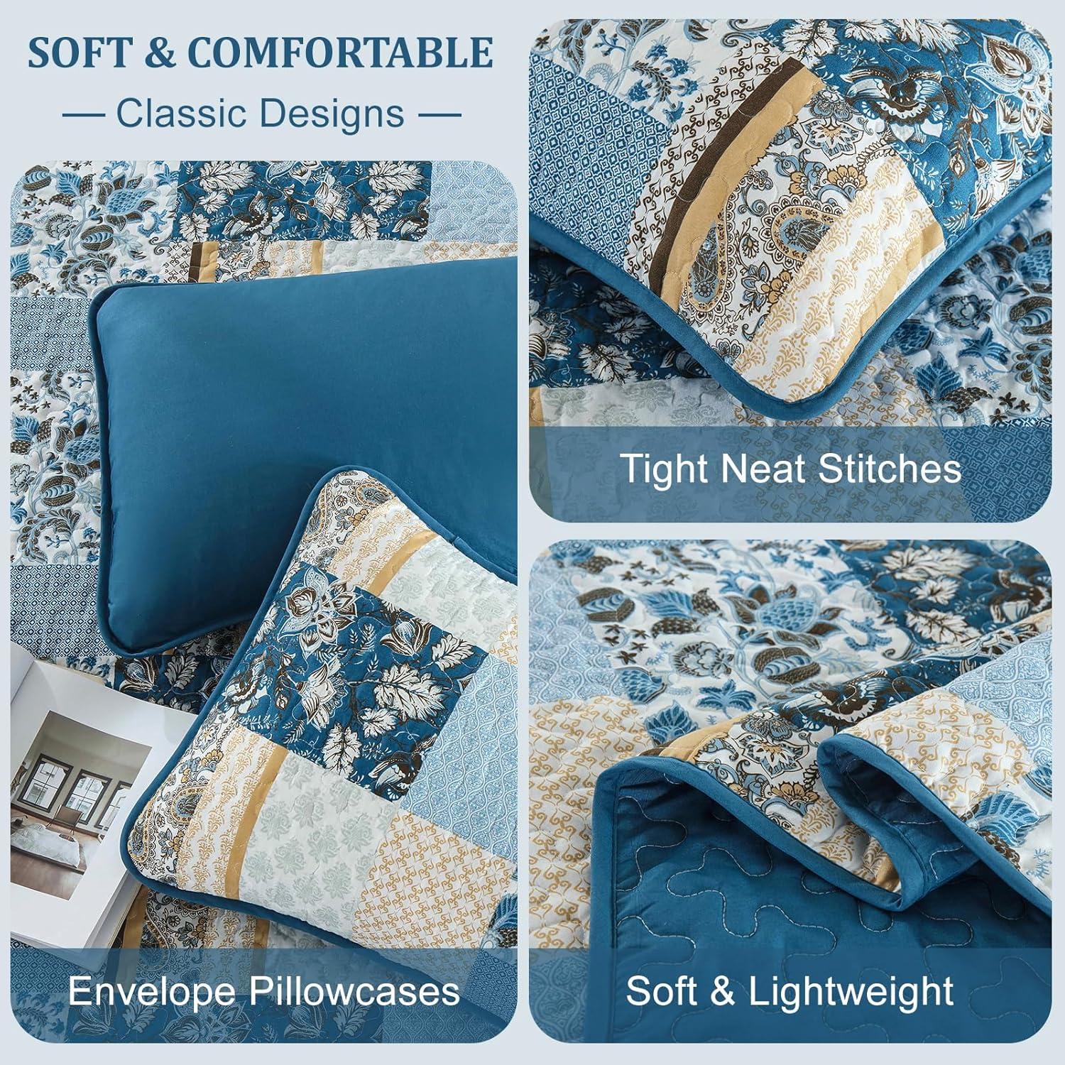 WONGS BEDDING Blue Plaid Patchwork Quilt Set Queen 3 Pieces