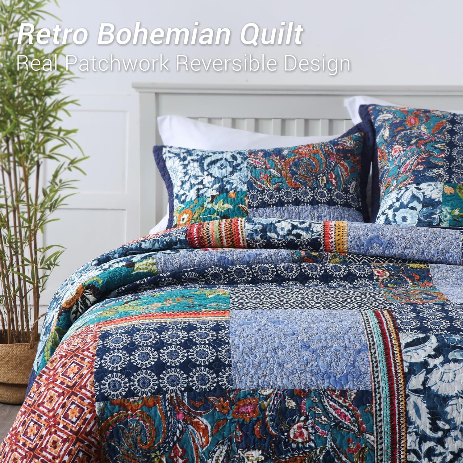 Yvooxny Reversible Cotton Quilt Set Queen Size 3-Piece