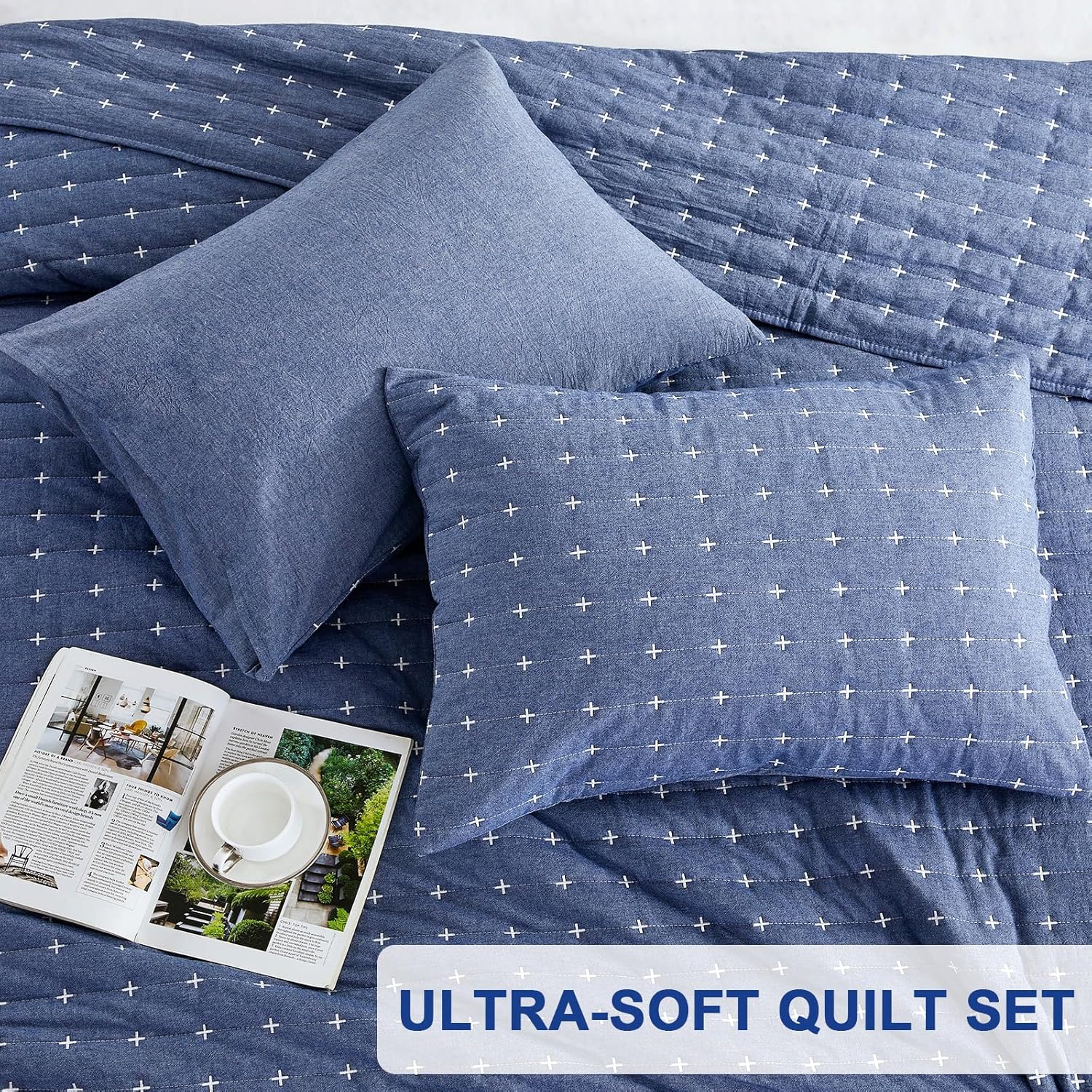 Blue 100 Cotton Queen Quilt Set with Shams