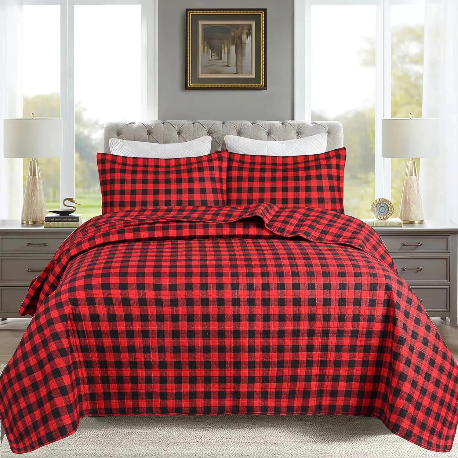 MarCielo 3 Piece Christmas Quilt Set Buffalo Red Queen