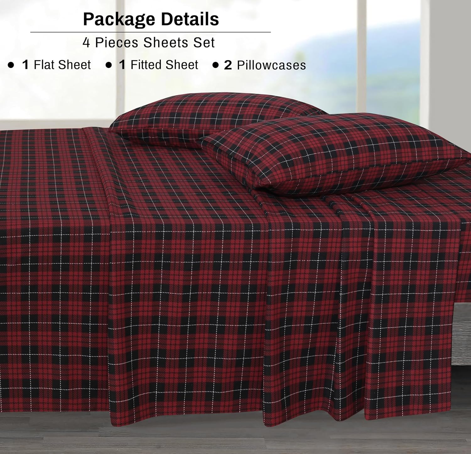ZOYER Double Brushed Flannel Cal King Sheet Set - 4 Piece Red Buffalo Check