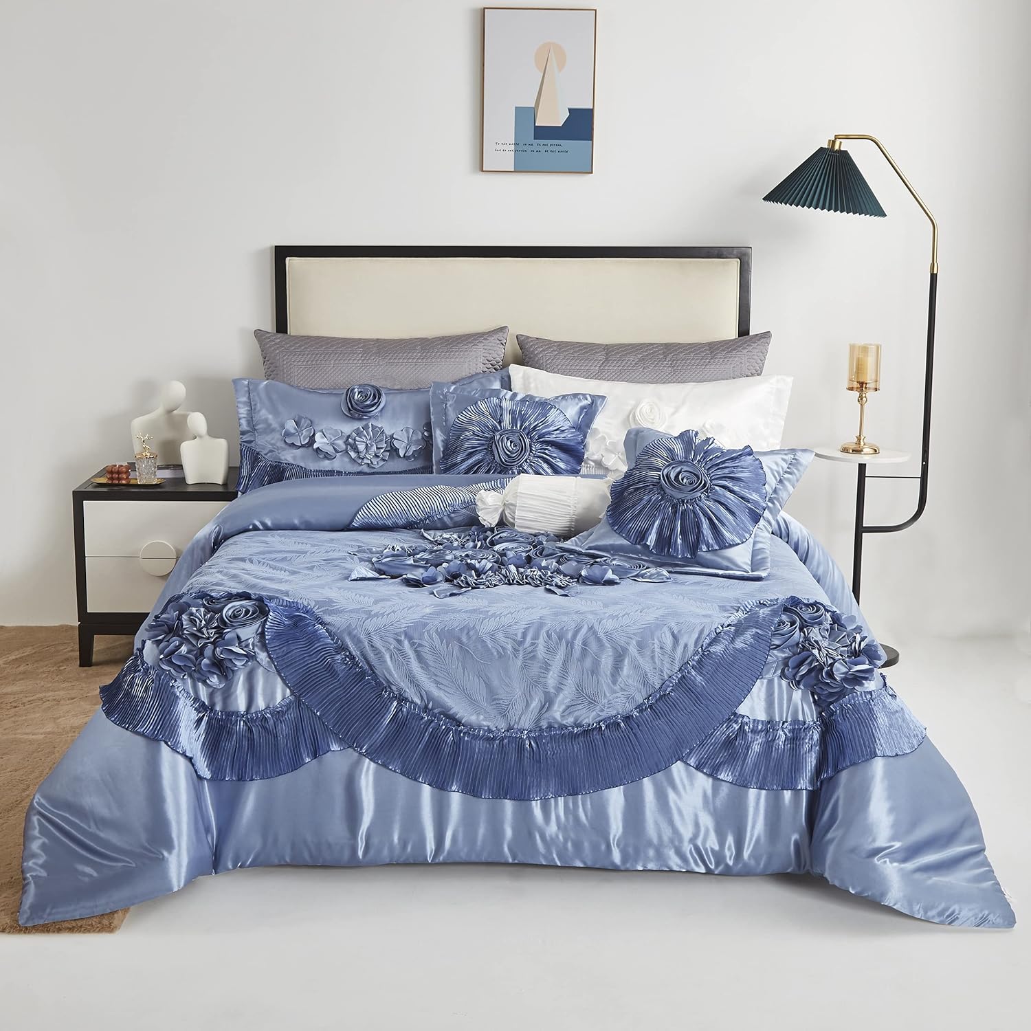 Tache Satin Floral Lace Ruffle Comforter Set King Blue