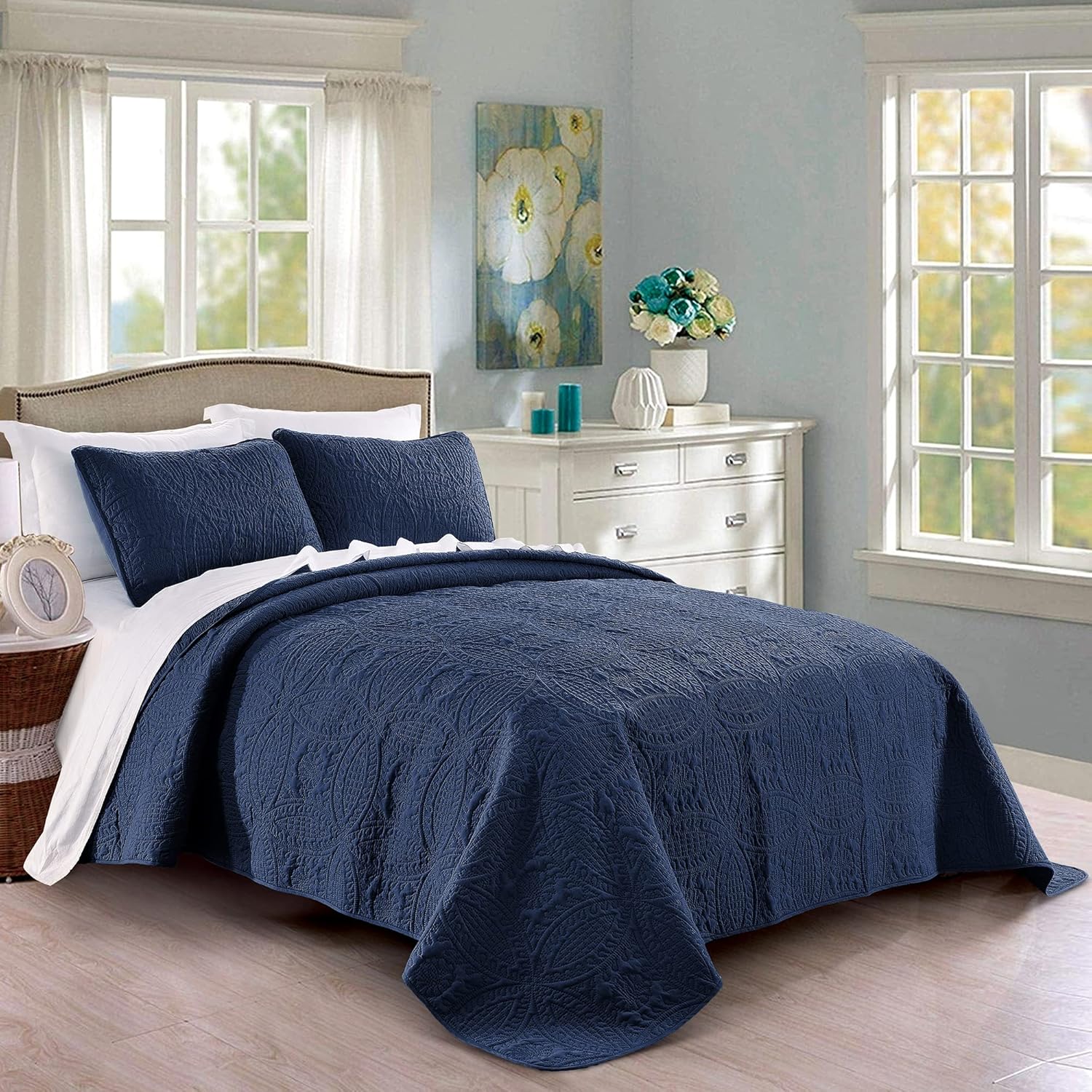 Pure Bedding Quilt Set Navy FullQueen