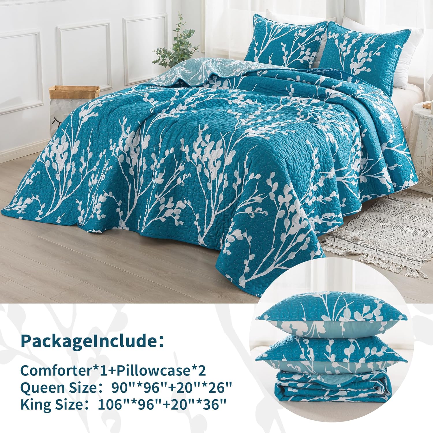 Andency Teal Blue Quilt Set with Pillowcases