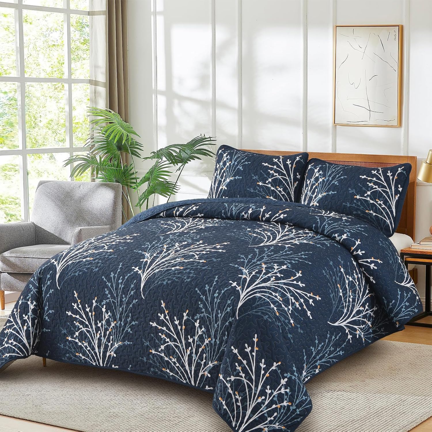 Navy Botanical Quilt Set - 3 Piece Microfiber Reversible Bedding 1
