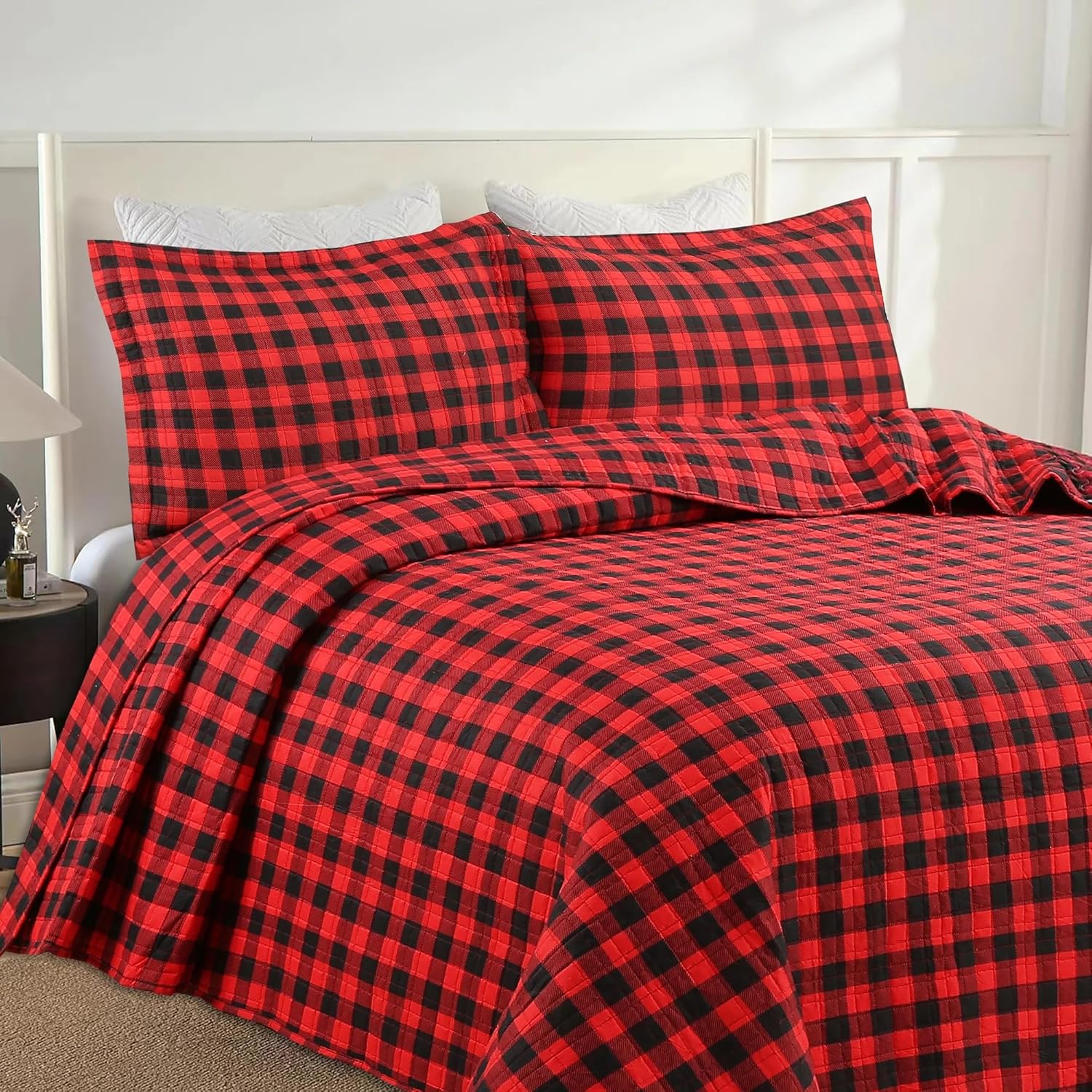 MarCielo 3 Piece Christmas Quilt Set Buffalo Red Queen