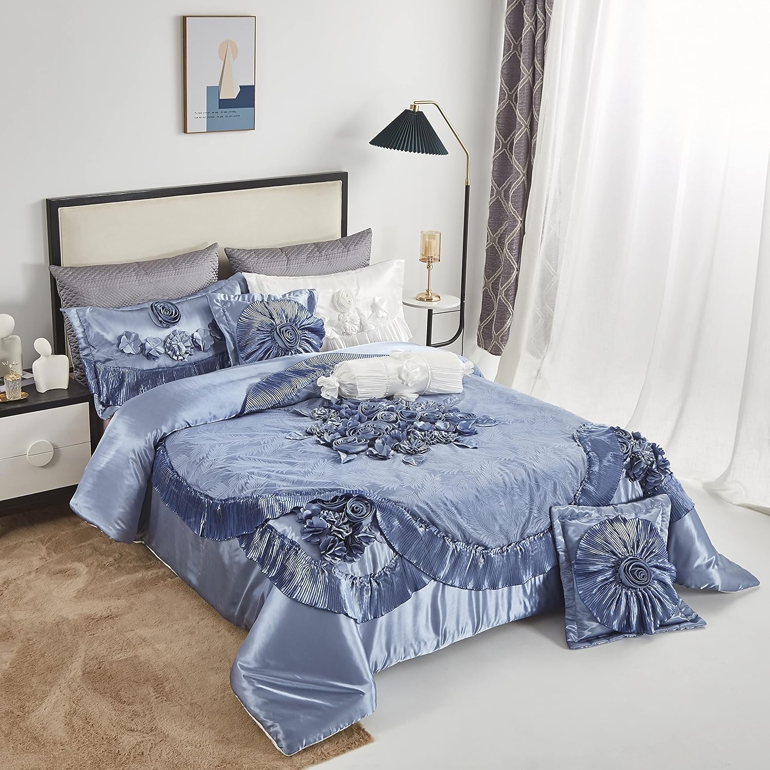 Tache Satin Floral Lace Ruffle Comforter Set King Blue