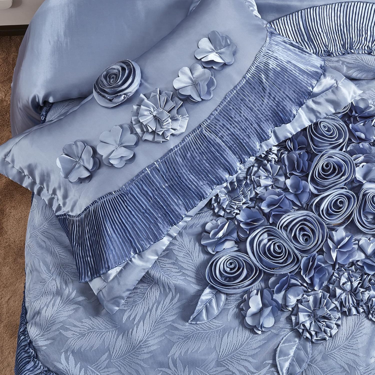 Tache Satin Floral Lace Ruffle Comforter Set King Blue