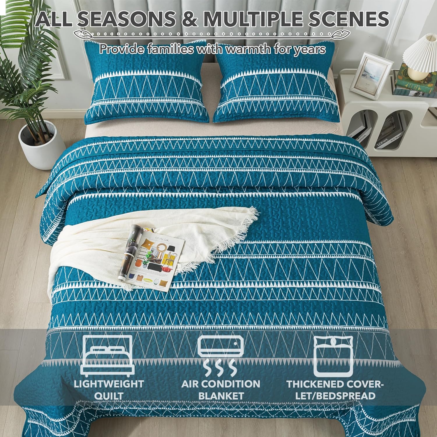 Andency Teal Quilt Set King 3Pcs Reversible Microfiber
