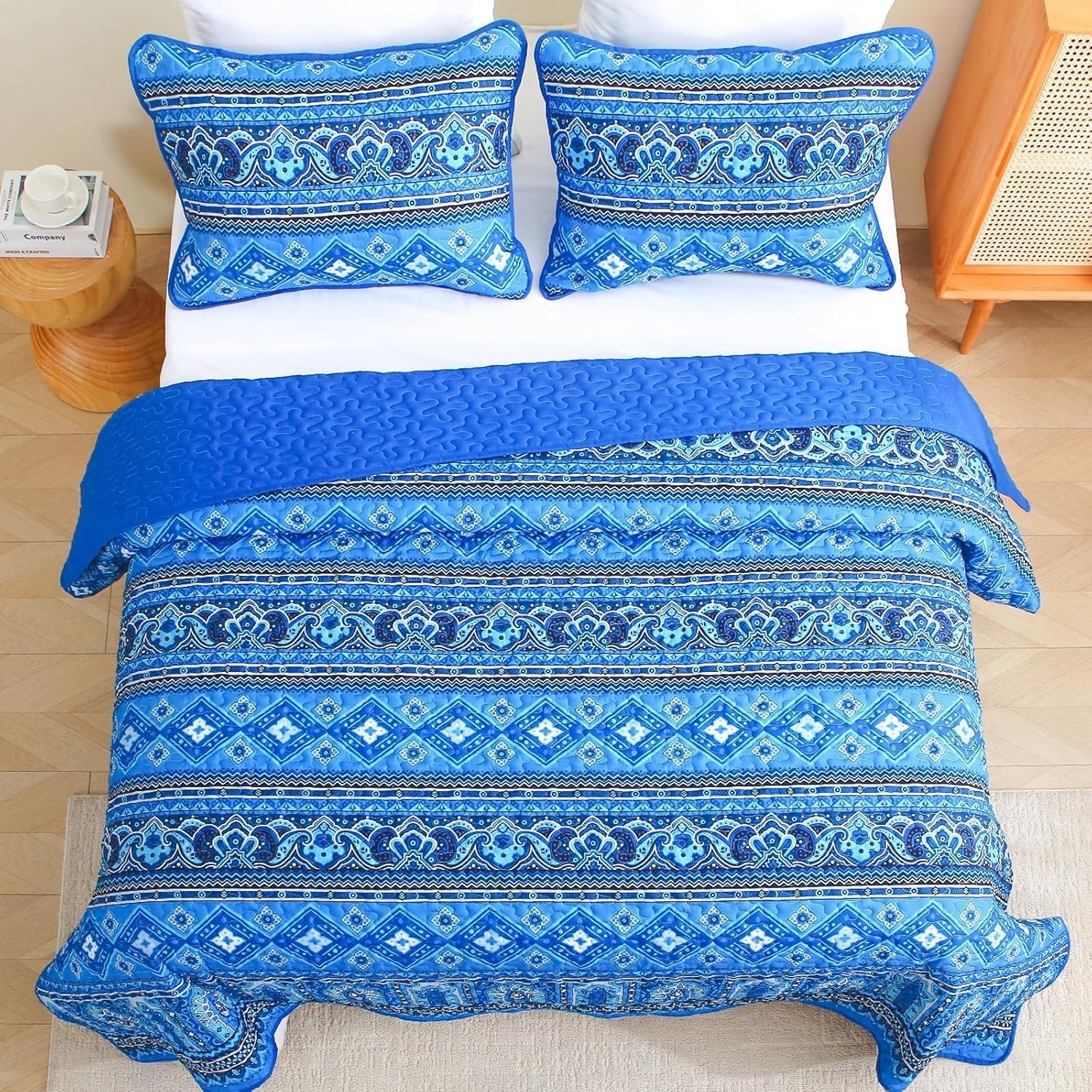 Heymybed Boho Quilt Set Queen Size 3Pc Reversible Blue