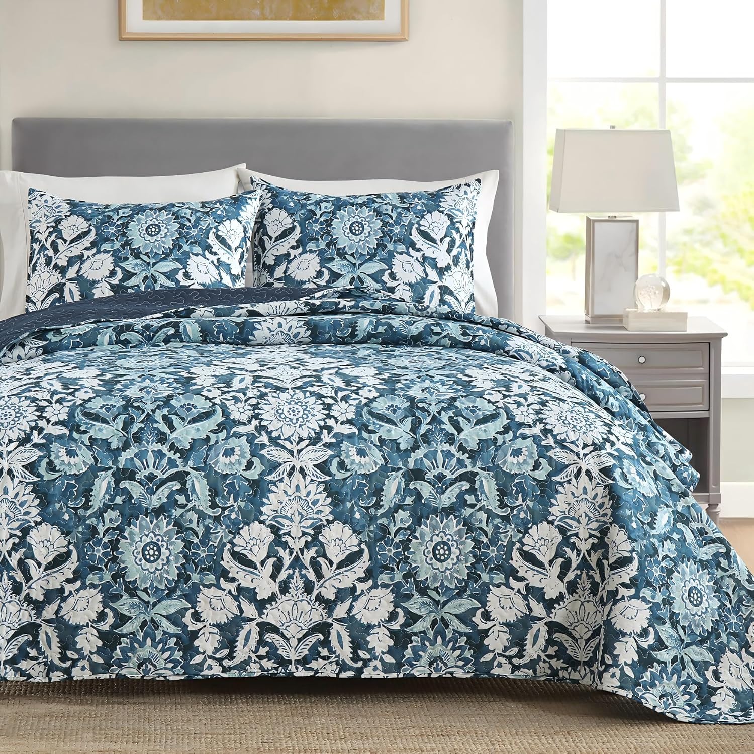 Boryard King Quilt Set Navy Blue Paisley Sunflower Print