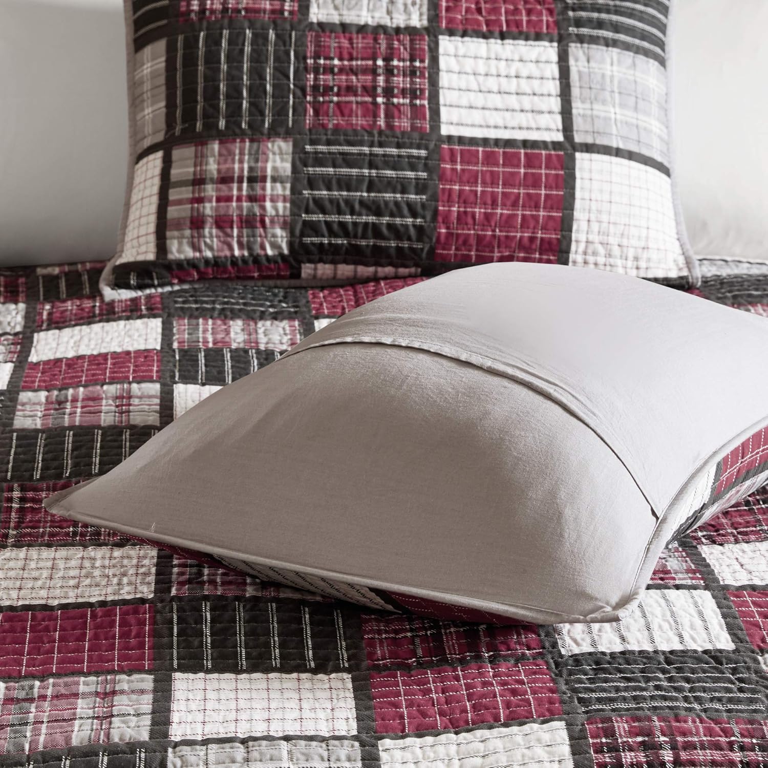 Woolrich Reversible Quilt Set - 3 Piece Tulsa Plaid RedGrey