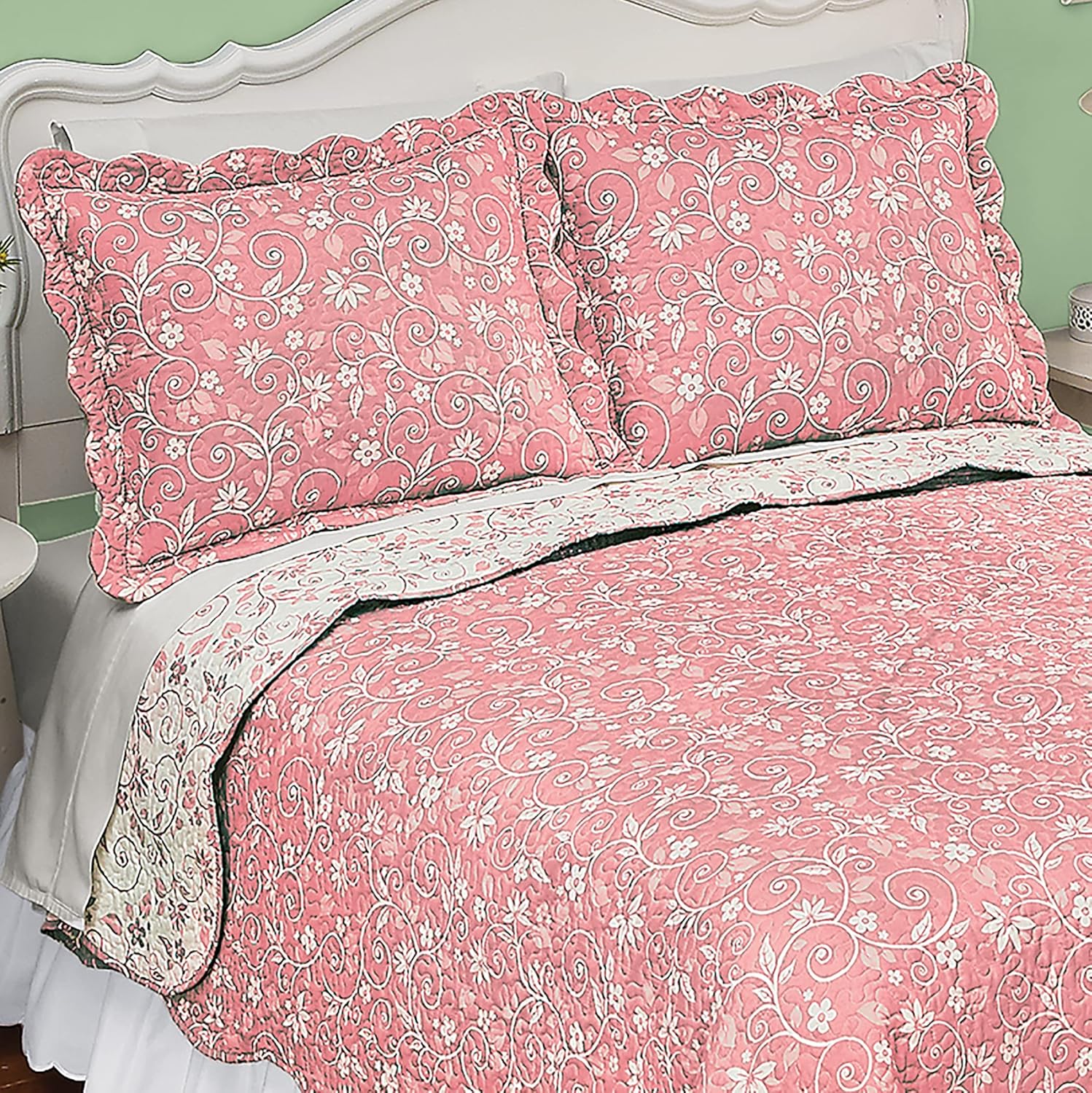 Collections Etc Reversible Floral Scroll Pillow Sham Rose Sham