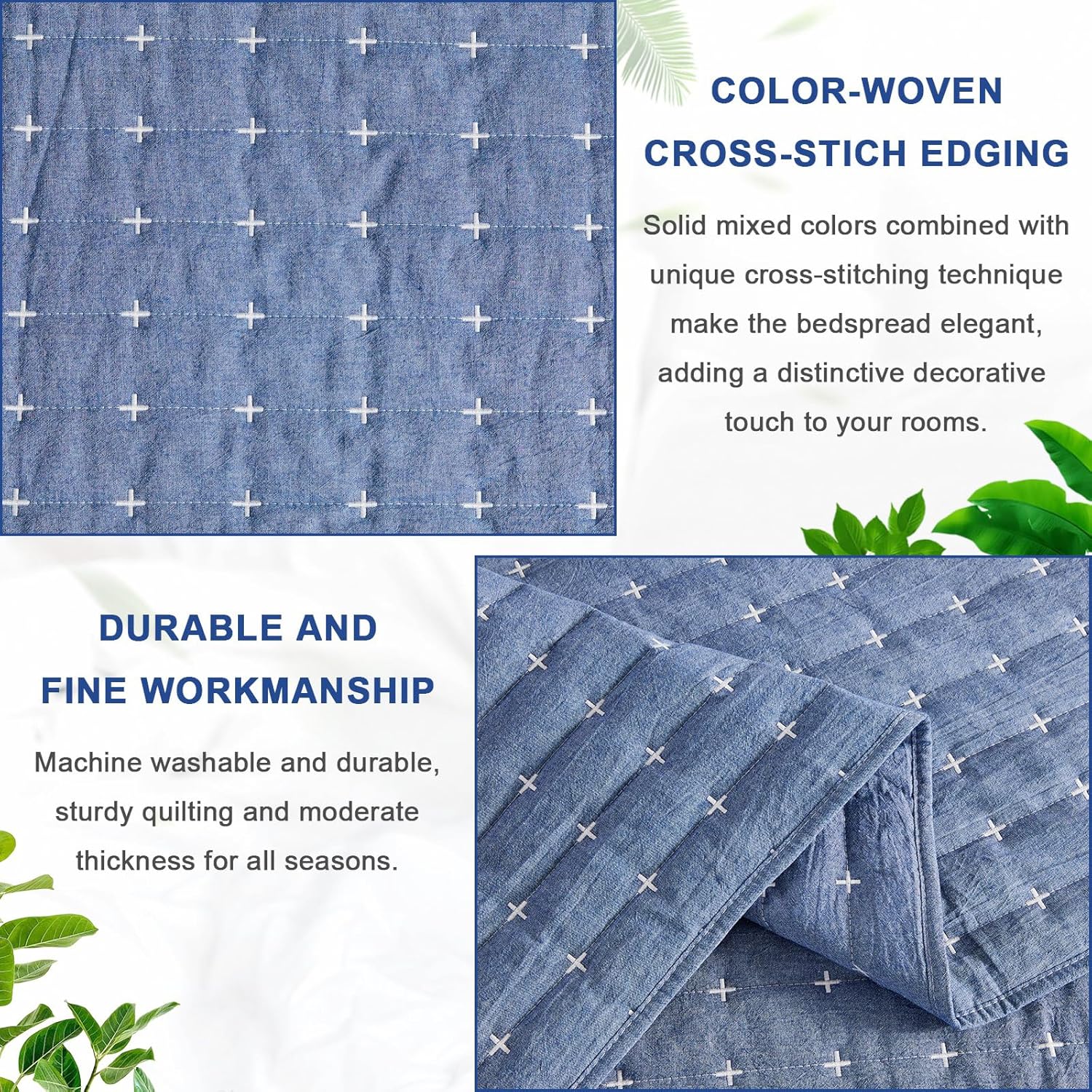 Blue 100 Cotton Queen Quilt Set with Shams