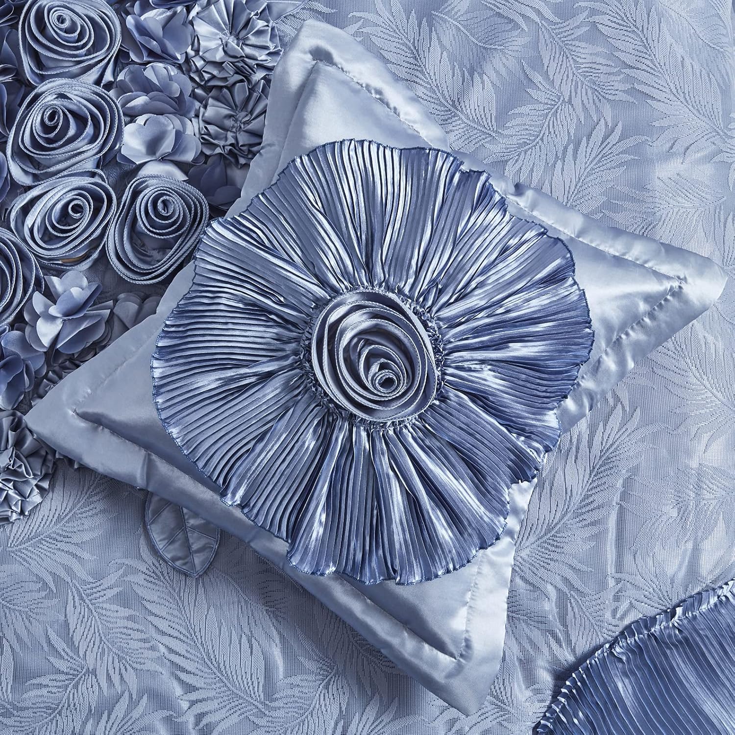 Tache Satin Floral Lace Ruffle Comforter Set King Blue