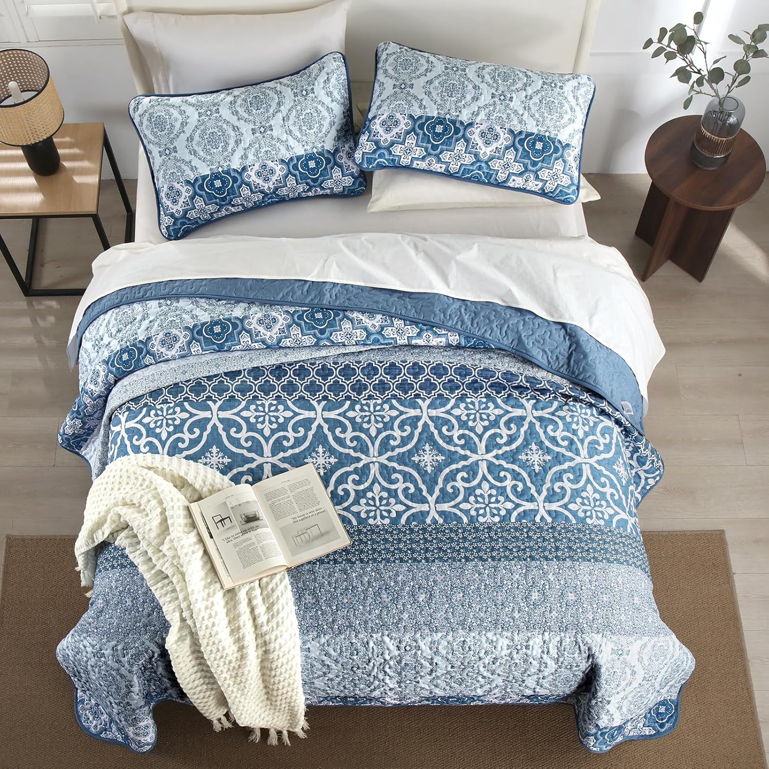 DJY Navy Blue Boho Quilt Set 3 Pieces King Size