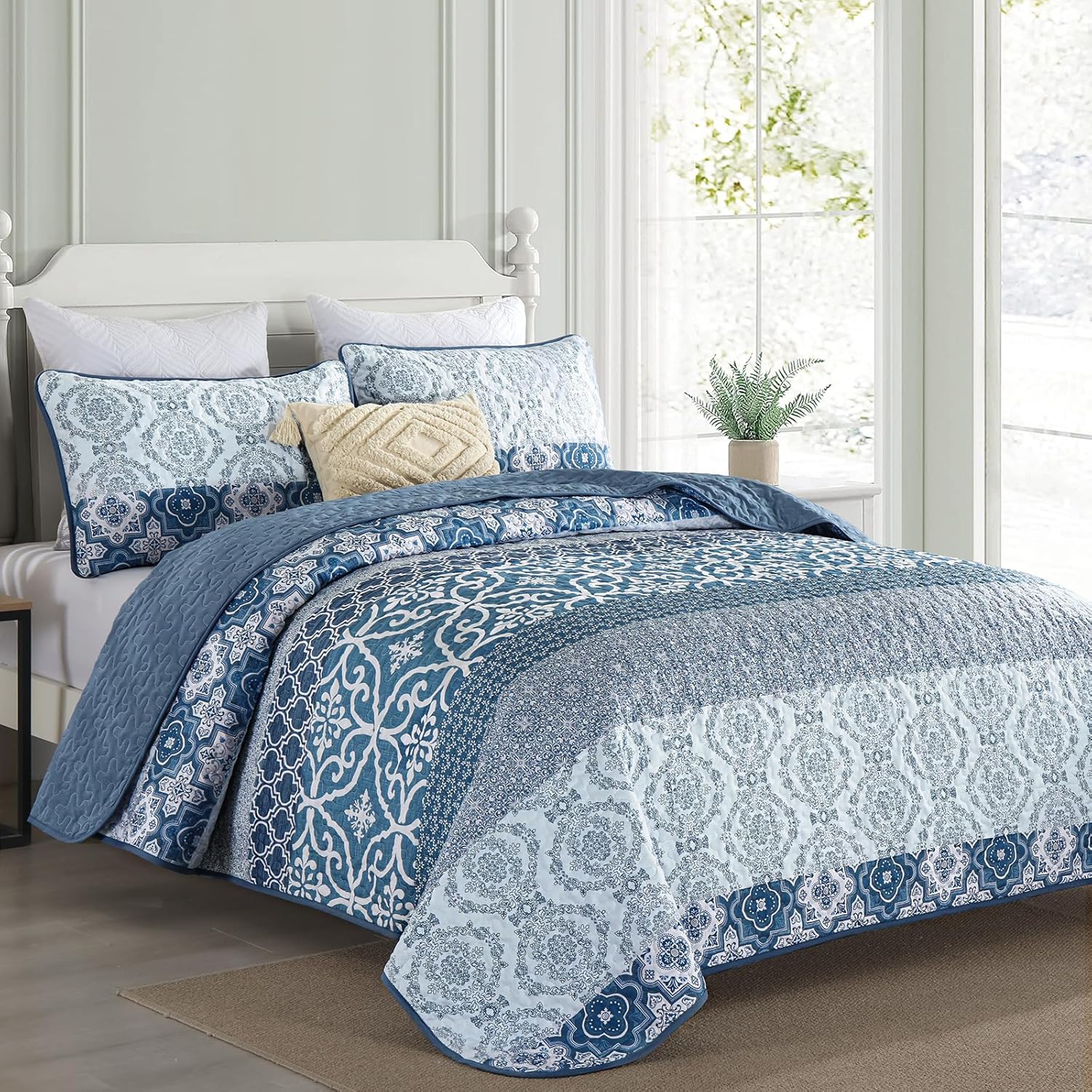 DJY Navy Blue Boho Quilt Set 3 Pieces King Size