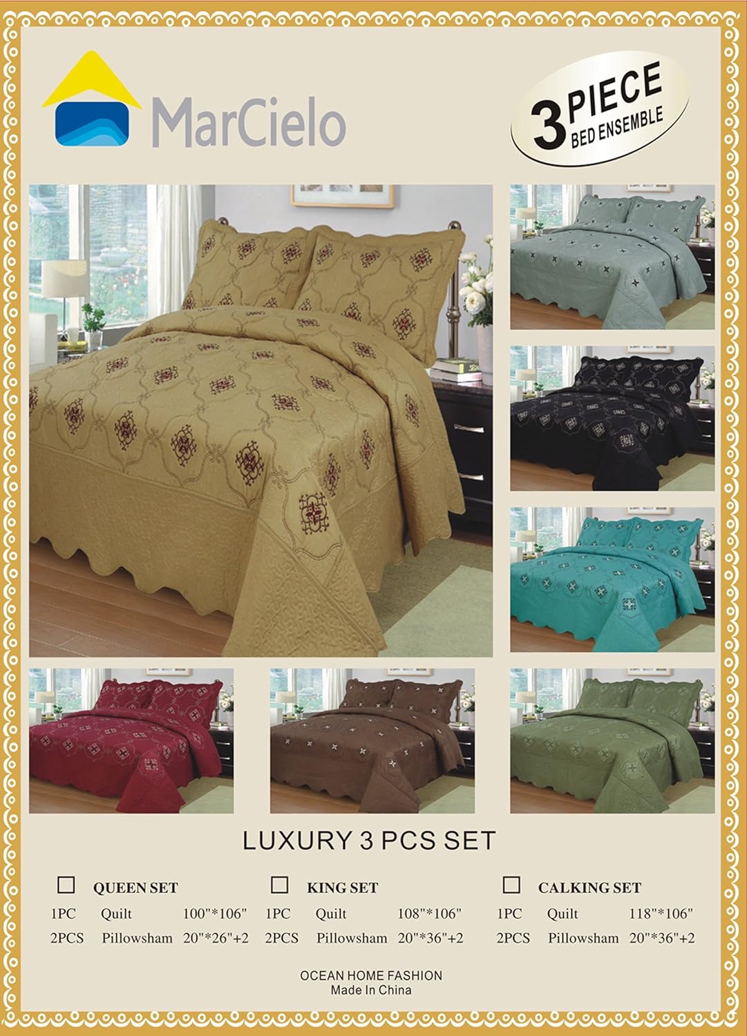 MarCielo 3-Piece Embroidery Quilt Set - Burgundy California King