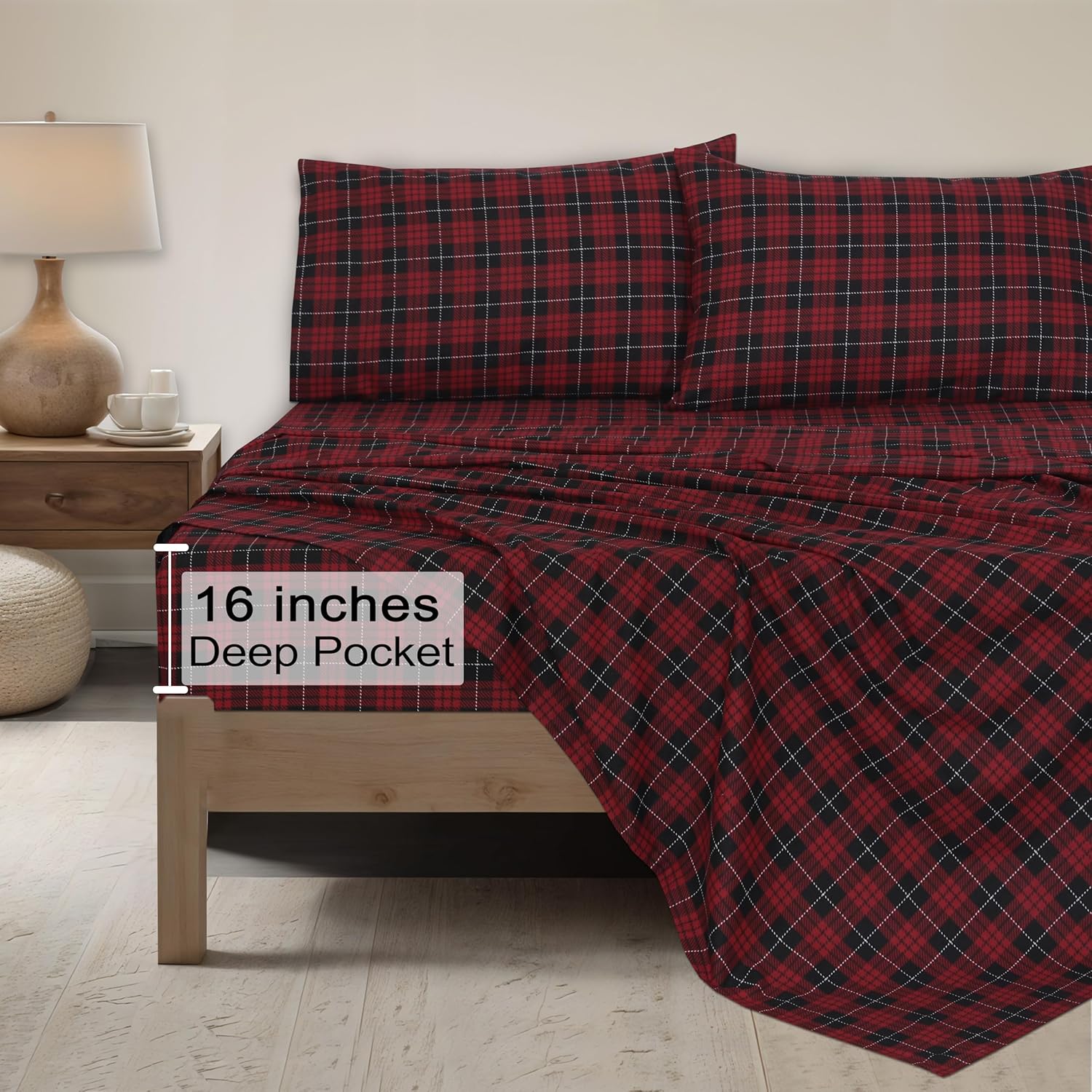 ZOYER Double Brushed Flannel Cal King Sheet Set - 4 Piece Red Buffalo Check