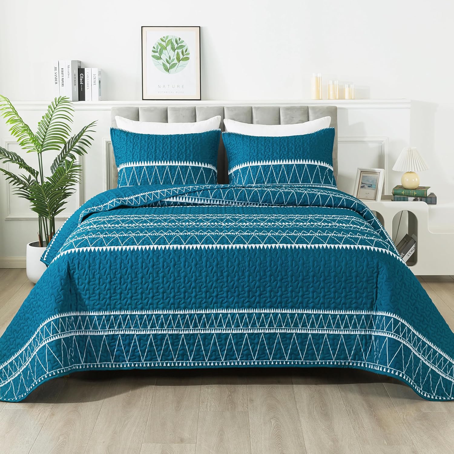 Andency Teal Quilt Set King 3Pcs Reversible Microfiber