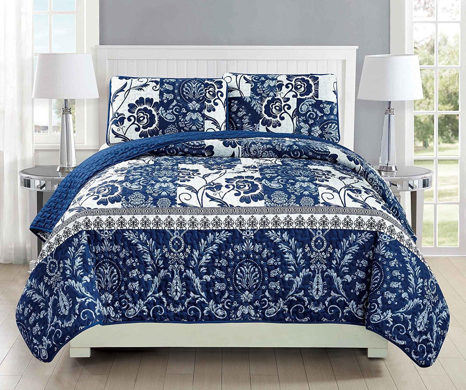 Fancy Linen 2pc Twin Quilt Set Floral Navy Blue and White