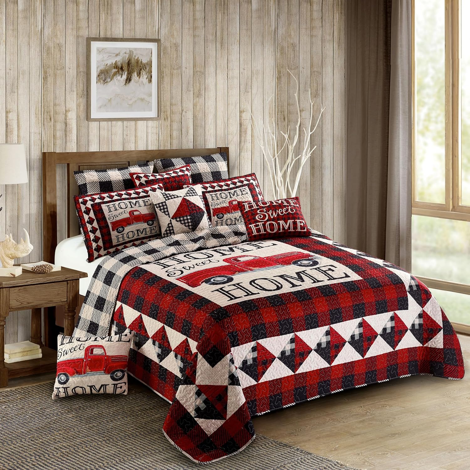 Virah Bella 3 Piece King Cabin Quilt Set - Strain Red Truck