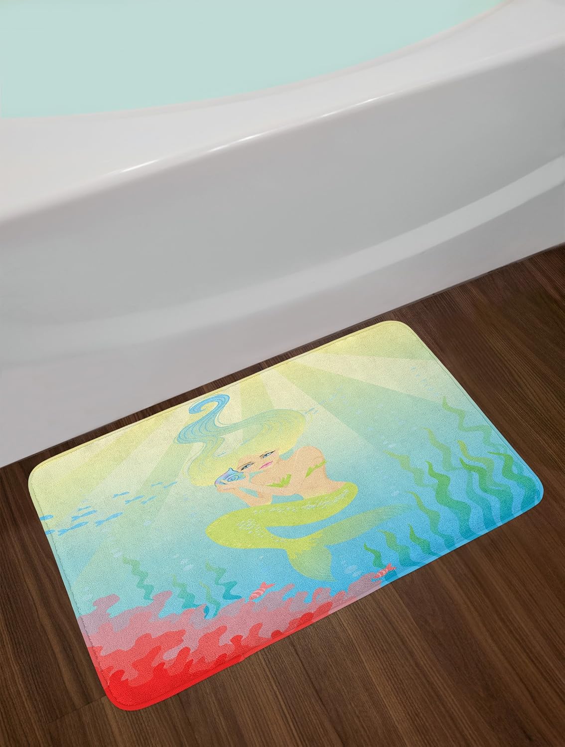 Ambesonne Mermaid Bath Mat - Soft Pastel Coral Blue