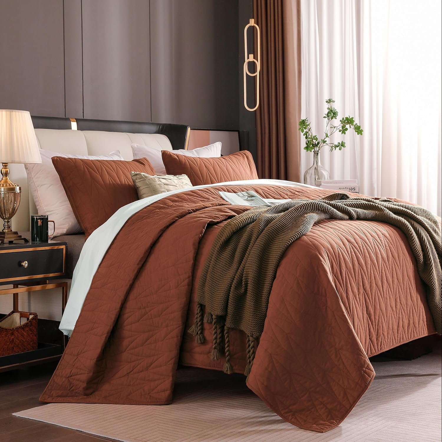 SHALALA Cotton Brick Red King Quilt Set