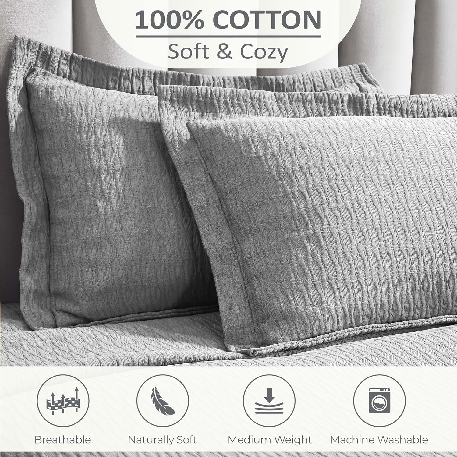 Superior 3 Piece Cotton Bedspread Set Grey
