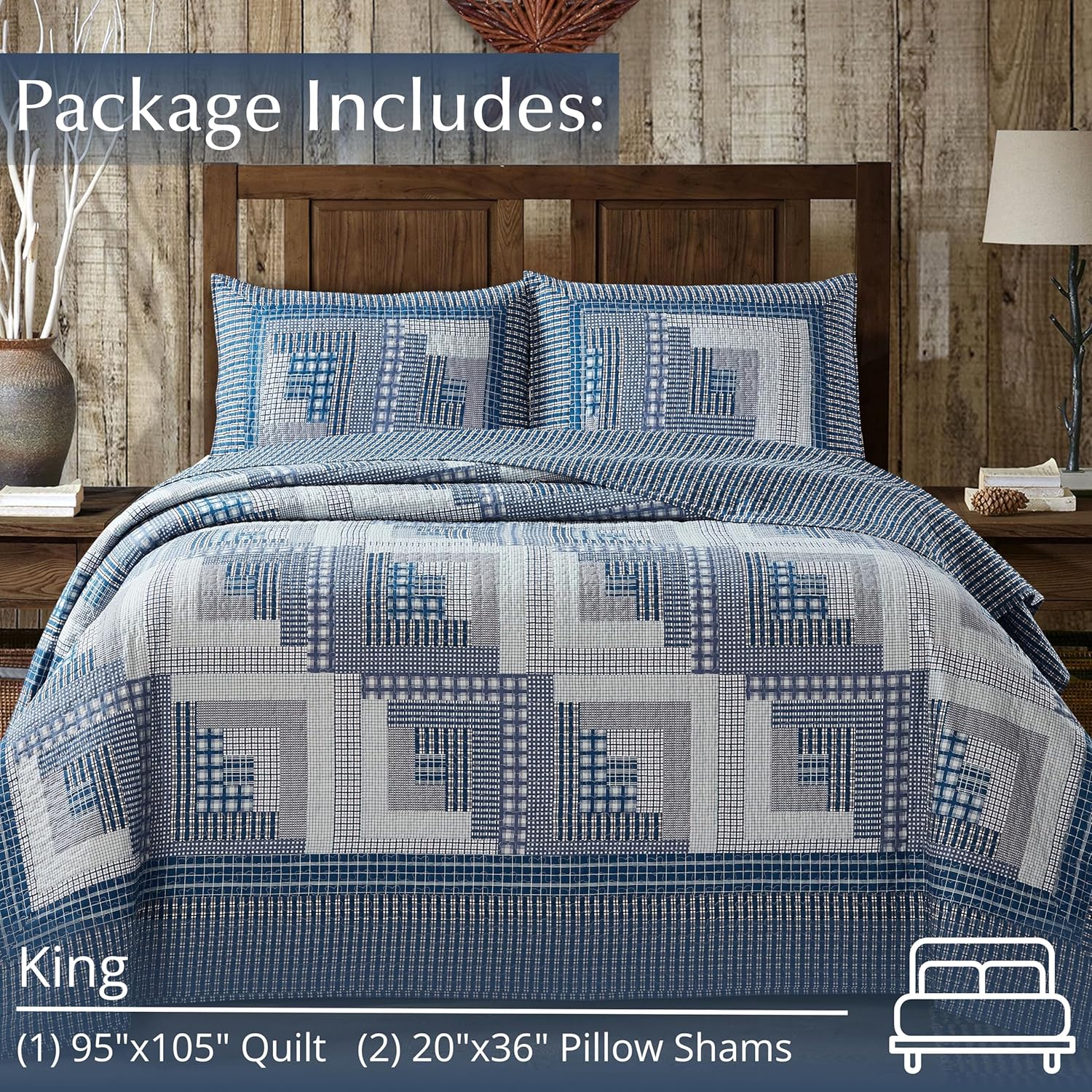 Virah Bella 3-Piece King Cabin Quilt Set - BlueGray