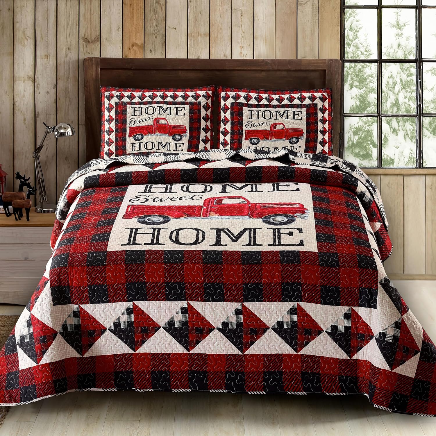 Virah Bella 3 Piece King Cabin Quilt Set - Strain Red Truck